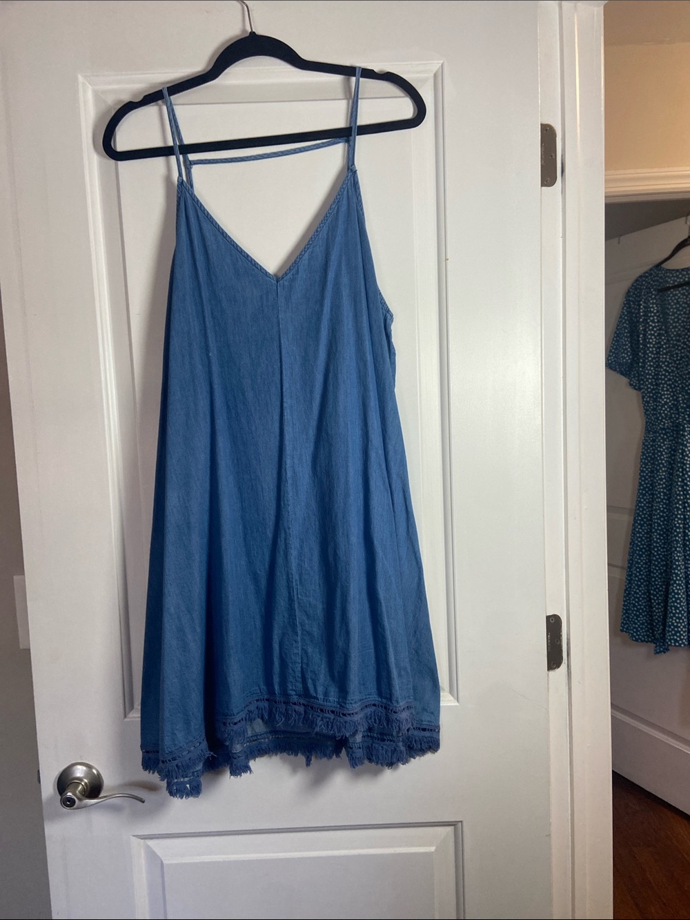 Light Blue Denim-Style Mini Slip Dress with Lace Trim